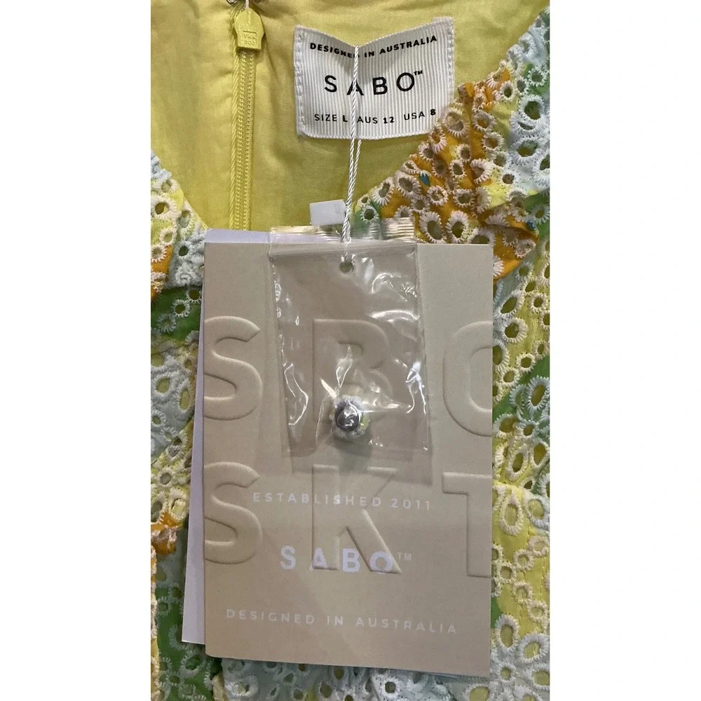 NWT Sabo Skirt Floral Eyelet Mini Dress Lined Yellow Green Cotton Peplum 8 - Picture 6 of 7